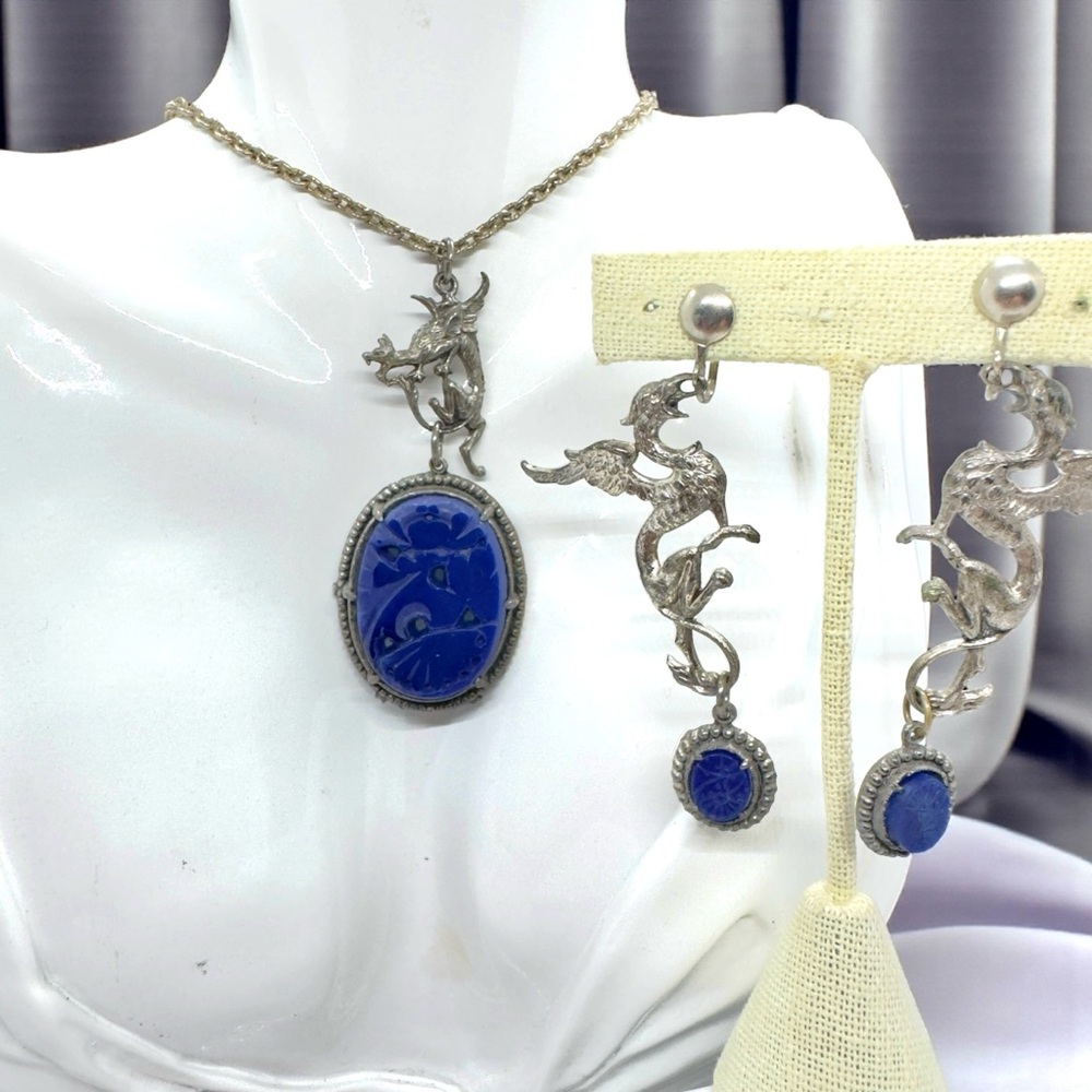 Vintage Griffin Dragon & Carved Glass Drop Pendant Necklace & Dangling Earrings